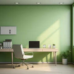 Sleek Home Office Setup with Vibrant Green Walls and Modern Minimalist Furniture