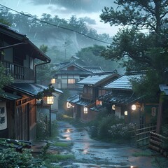 A nostalgic scene of an old Japanese village at dusk, distant memories evoked by traditional...