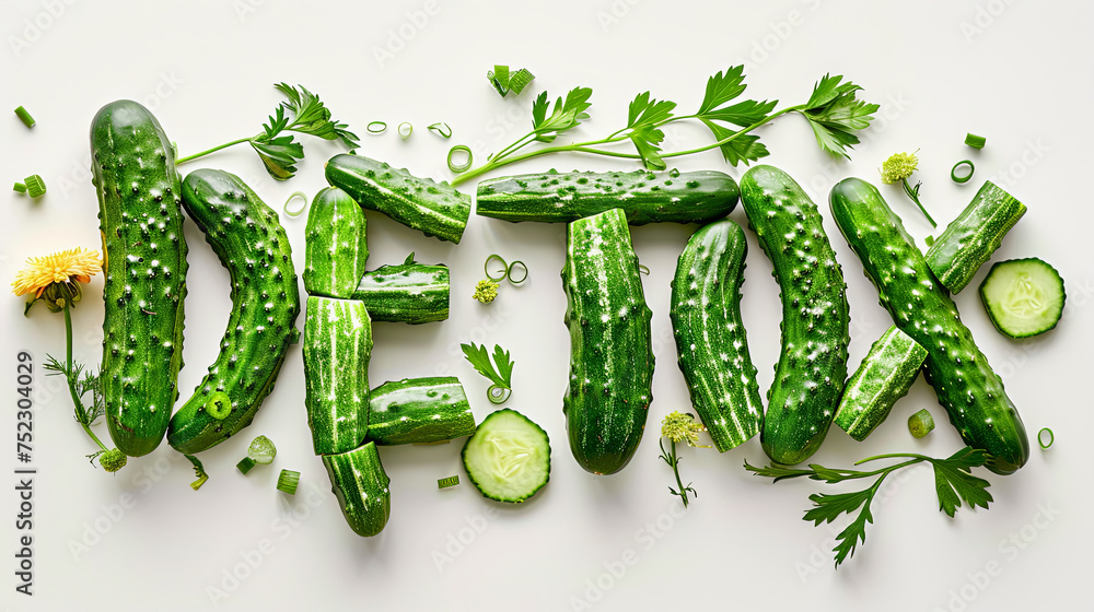 Aufkleber A group of cucumbers arranged to spell the word fresh in a creative display of freshness and healthy eating