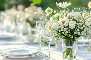 Obraz na płótnie Canvas outdoor table setting with white flowers on the table restaurant For wedding, Valentine Thanksgiving