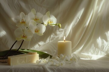 Fototapeta na wymiar A stunning composition highlighting the delicate beauty of orchid flowers paired with artisanal soap bars and a flickering candle.