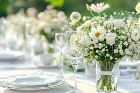 outdoor table setting with white flowers on the table restaurant For wedding, Valentine Thanksgiving