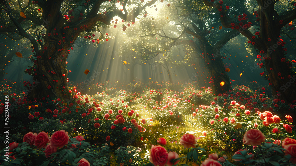 Poster a lush forest bursting with vibrant red flowers, creating a breathtaking sea of color under the gree