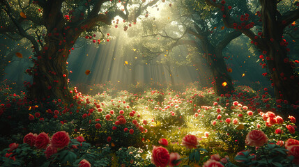 A lush forest bursting with vibrant red flowers, creating a breathtaking sea of color under the green canopy of trees - obrazy, fototapety, plakaty