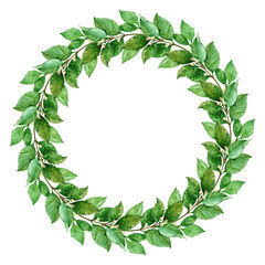 Naklejka premium Laurel wreath. Round frame with green leaves. Hand drawn watercolor illustration. Frame for invitations, congratulations, photos, text. Antique symbol of victory, winning.