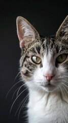 a white striped cat portrait looking direct in camera with low-light, black backdrop