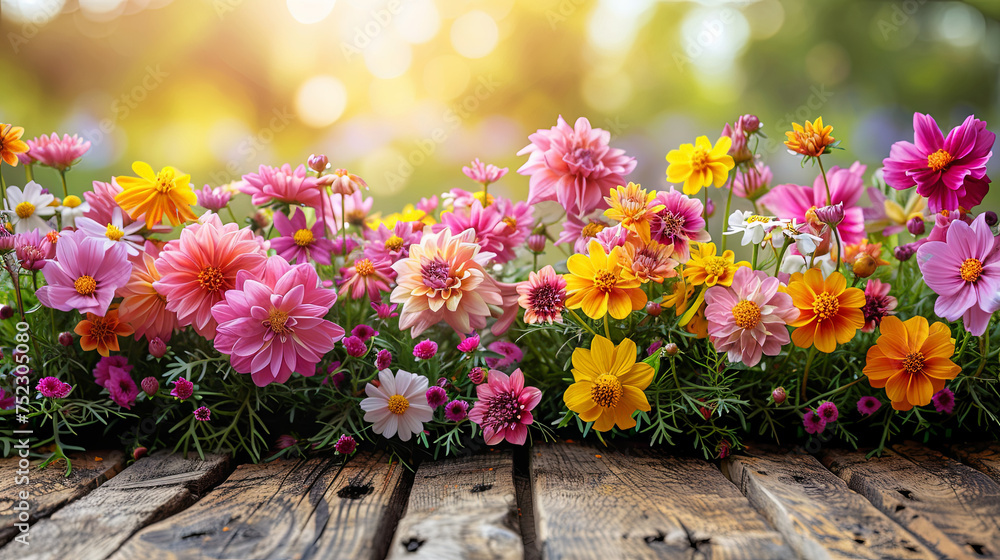 Aufkleber A wooden table is adorned with an array of vibrant and colorful flowers, creating a beautiful and cheerful display