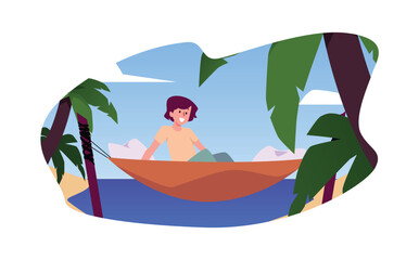 Illustration of a joyful girl relaxing among palm trees in a hammock.