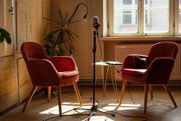Fototapeta premium Podcast studio interior with two armchairs and microphone