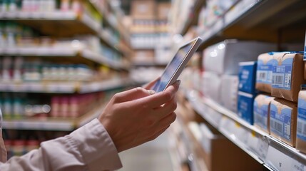 Hand holding a tablet screen in the stock warehouse, facilitating efficient inventory management and logistics.