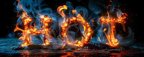 Blazing letters spelling HOT with fiery flames on a scorched surface, symbolizing extreme heat, spicy flavors, or high popularity and trends - obrazy, fototapety, plakaty