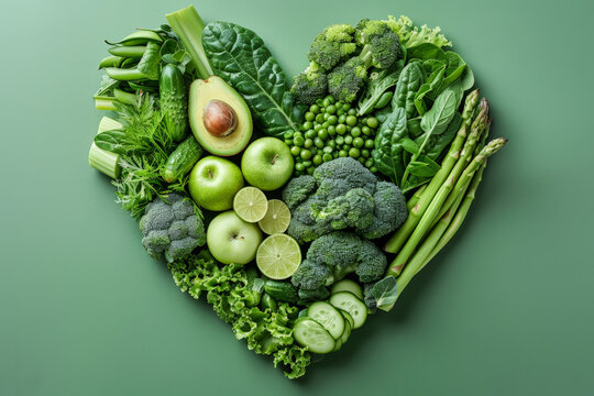 A vibrant heart-shaped arrangement of assorted green  fruits and vegetables, showcasing colors and textures in a visually striking display