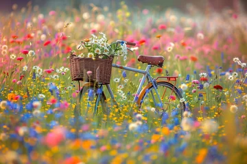 Fototapete A vintage bicycle with an enchanting wicker basket, gracefully navigating through a sea of wildflowers in full bloom, the handlebars adorned with delicate petals. © Muhammad