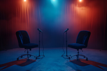 Podcast studio interior with two armchairs and microphone