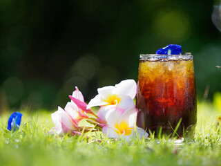 Mixed coffee decorated with herbs and fruits on the lawn