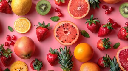 The isolated pink background of an array of colorful healthy fruits and vegetables, Generative AI