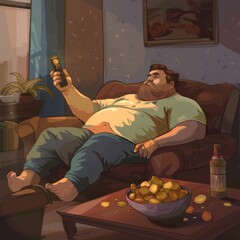 An overweight man is lying on the couch, holding the TV remote control in his hand, chips in a bowl next to him.