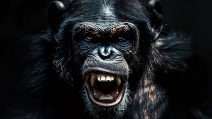 an aggressive growling Chimpanzee close-up portrait looking direct in camera. Chimpanzee baring teeth, black background - obrazy, fototapety, plakaty