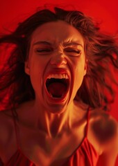 Portrait of a young woman who screams on a red background.