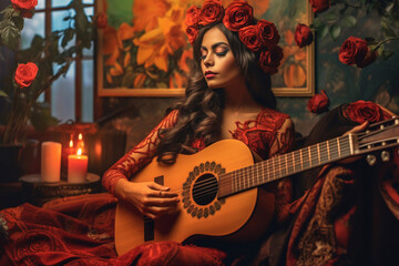 Mexican music. Cinco de Mayo. A Mexican woman plays the guitar.