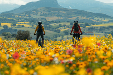 Two people joyfully ride their bicycles through a vibrant field of colorful flowers on a sunny day,...