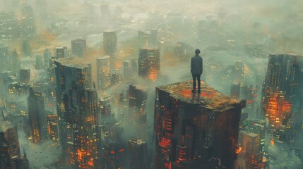 A lone figure surrounded by towering buildings, highlighting the loneliness that can be felt in a bustling city.
