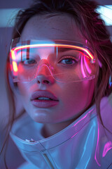 Portrait of a Woman with Neon-Colored Smart Glasses.
