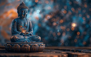 Meditate with the Buddha statue, surrounded by the cosmos and illuminated by glowing chakras, for a cosmic spiritual experience.
