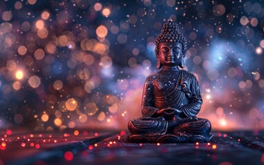 Meditate with the Buddha statue, surrounded by the cosmos and illuminated by glowing chakras, for a cosmic spiritual experience.