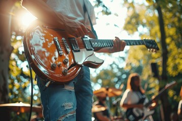 Young man strums guitar surrounded by friends, enjoying live music in the park.