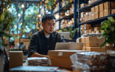 Entrepreneurs manage their online business, checking and packing orders for customers with efficiency and care, embodying the spirit of SME success.