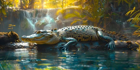 Foto op Plexiglas A crocodile explores a lush jungle tree with cascading water around. Concept Wildlife Photography, Natural Habitat, Jungle Adventure, Reptile Encounter, Nature Exploration © Anastasiia