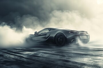 A high-octane display of a sports car executing a controlled drift on a racing circuit, the...