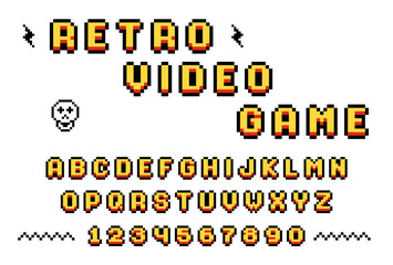Retro pixel font from old computer video game, 8 bit letters and numbers, pixel alphabet, vector