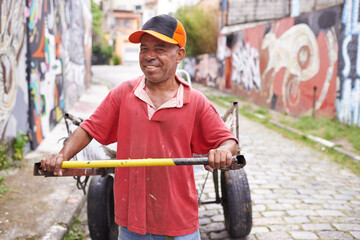 Garbage, cart or man in city walking for waste management, recycling or rubbish in neighborhood....