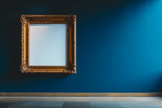 An antique art fair gallery frame on a royal blue wall at a museum or auction house. A blank template with white copyspace for a prototype design