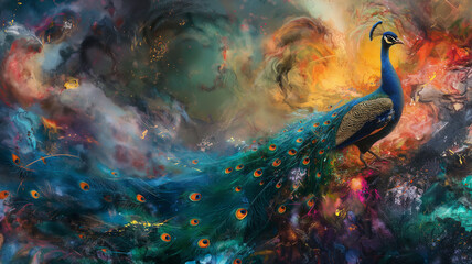Illustration of a vibrant peacock painting on a dramatic abstract background