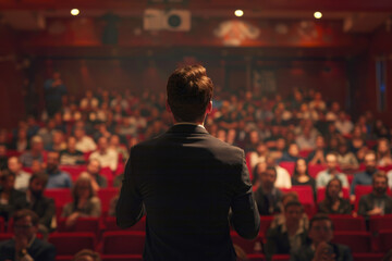 motivational speaker standing on stage in front of audience