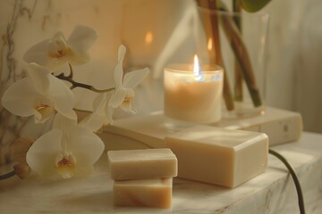 An exquisite display featuring meticulously placed orchid blooms, indulgent soap bars, and a softly...