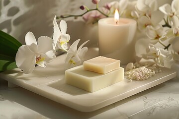 Obraz na płótnie Canvas An exquisite display featuring meticulously placed orchid blooms, indulgent soap bars, and a softly lit candle, capturing the allure of a premium skincare setup that radiates beauty and relaxation.
