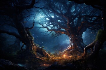 Enchanted forest with glowing lights, creating mystical night ambiance for fantasy backgrounds
