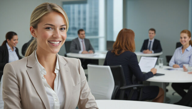 Businesswoman smiling in a meeting room with audience in the background