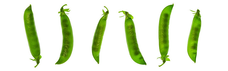 Sweet green pea pods isolated on white background. Top view, flat lay, banner. - 752306826