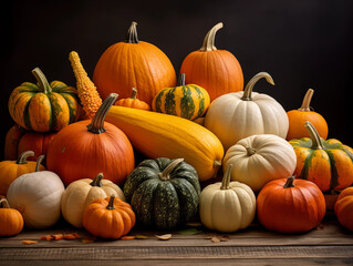 Cozy Autumn pumpkins. Thanksgiving backdrop. Park, nature, outdoor. Decoration Halloween background.