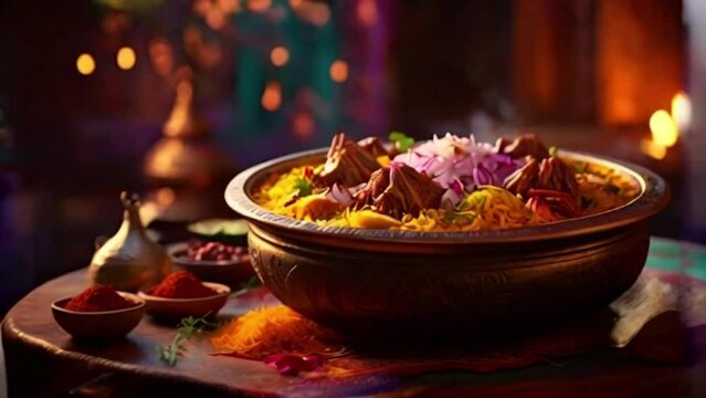 a steaming pot of biryani, showcasing the aromatic basmati rice, marinated meat, and colorful array of spices.
