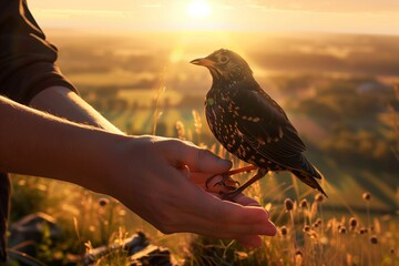 A captivating image depicting the gentle hands of a veterinarian releasing a rehabilitated bird back into its natural habitat, symbolizing freedom and healing on World Veterinary Day. - obrazy, fototapety, plakaty