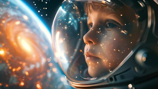 Close up kid wearing an astronaut suit against an outer space background. 4k video footage