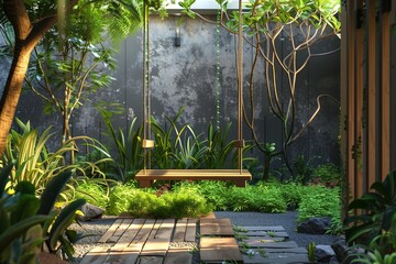 A charming wooden swing suspended by rustic ropes in a lush home garden, surrounded by verdant plants and trees.