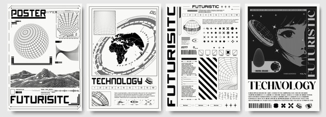 Naklejki  A collection of futuristic technology-themed posters featuring digital illustrations, graphs, and wireframes. Futuristic Technology Poster Set with Digital Elements in Retro futuristic acid style.