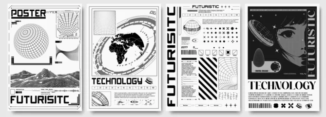 Fotobehang A collection of futuristic technology-themed posters featuring digital illustrations, graphs, and wireframes. Futuristic Technology Poster Set with Digital Elements in Retro futuristic acid style. © ZinetroN